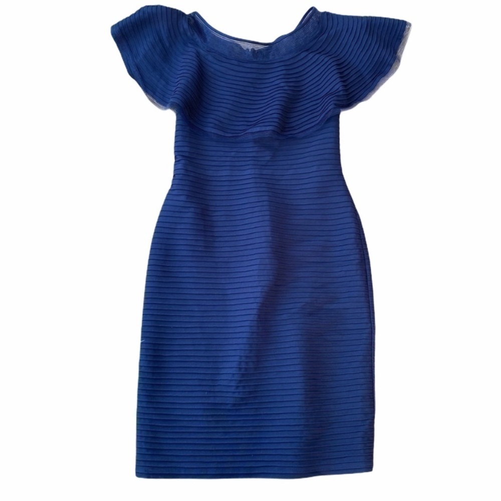 Tadashi Shoji Off The Shoulder Jersey Sheath Dress Womens Medium Blue Formal